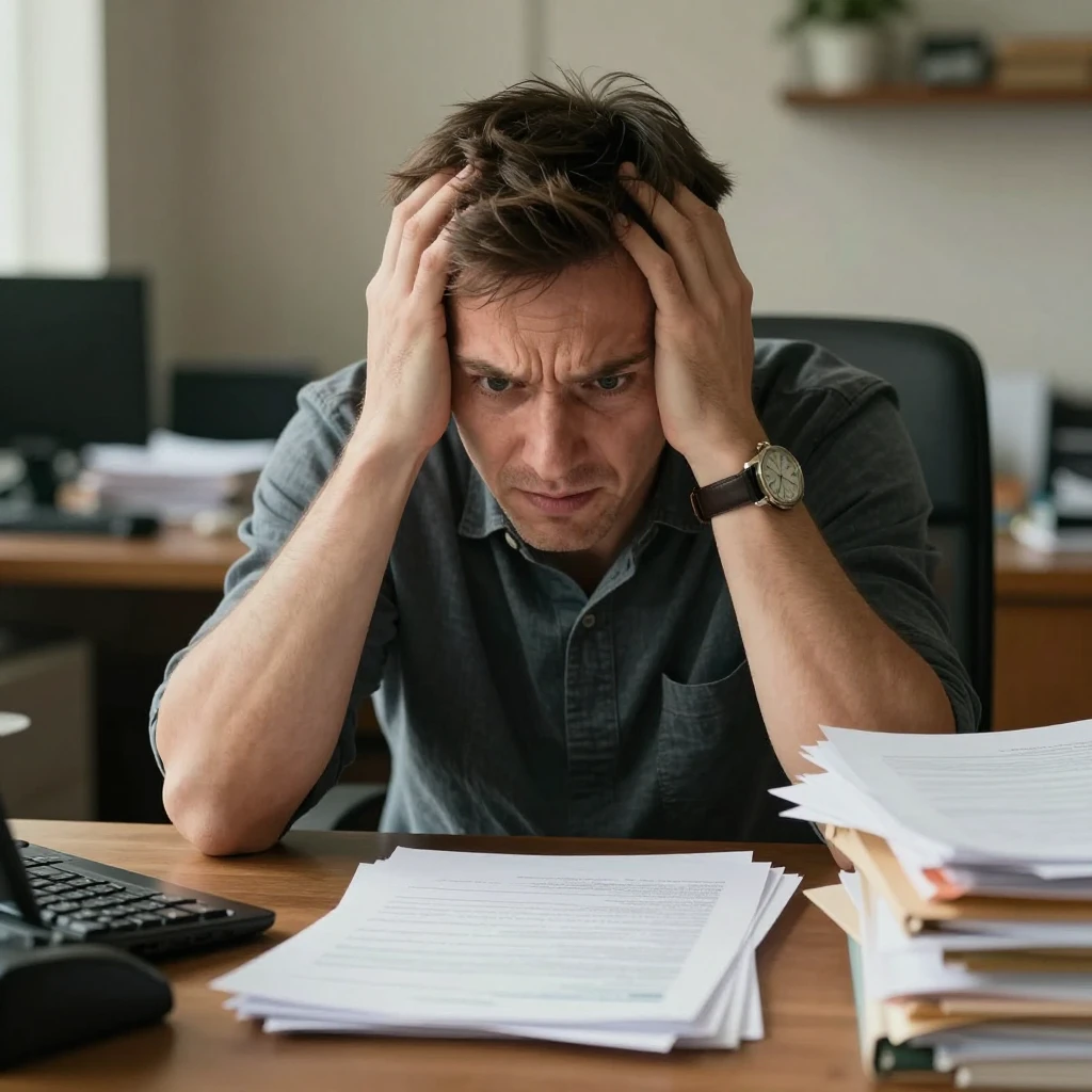 A tradesman overwhelmed by paperwork at his desk